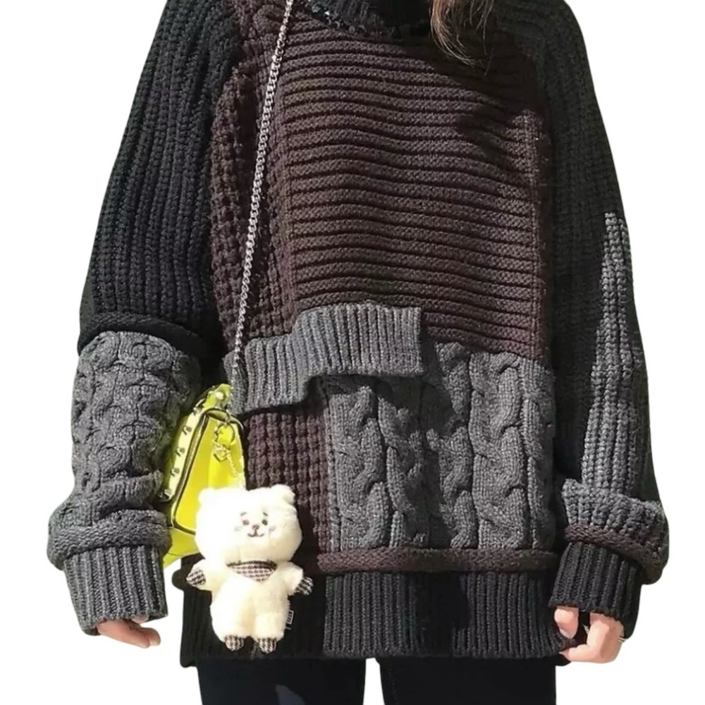 Zara Oversized Patchwork 3D Boyfriend Pullover Sweater Grandpa Grunge‎ Boho Sz M